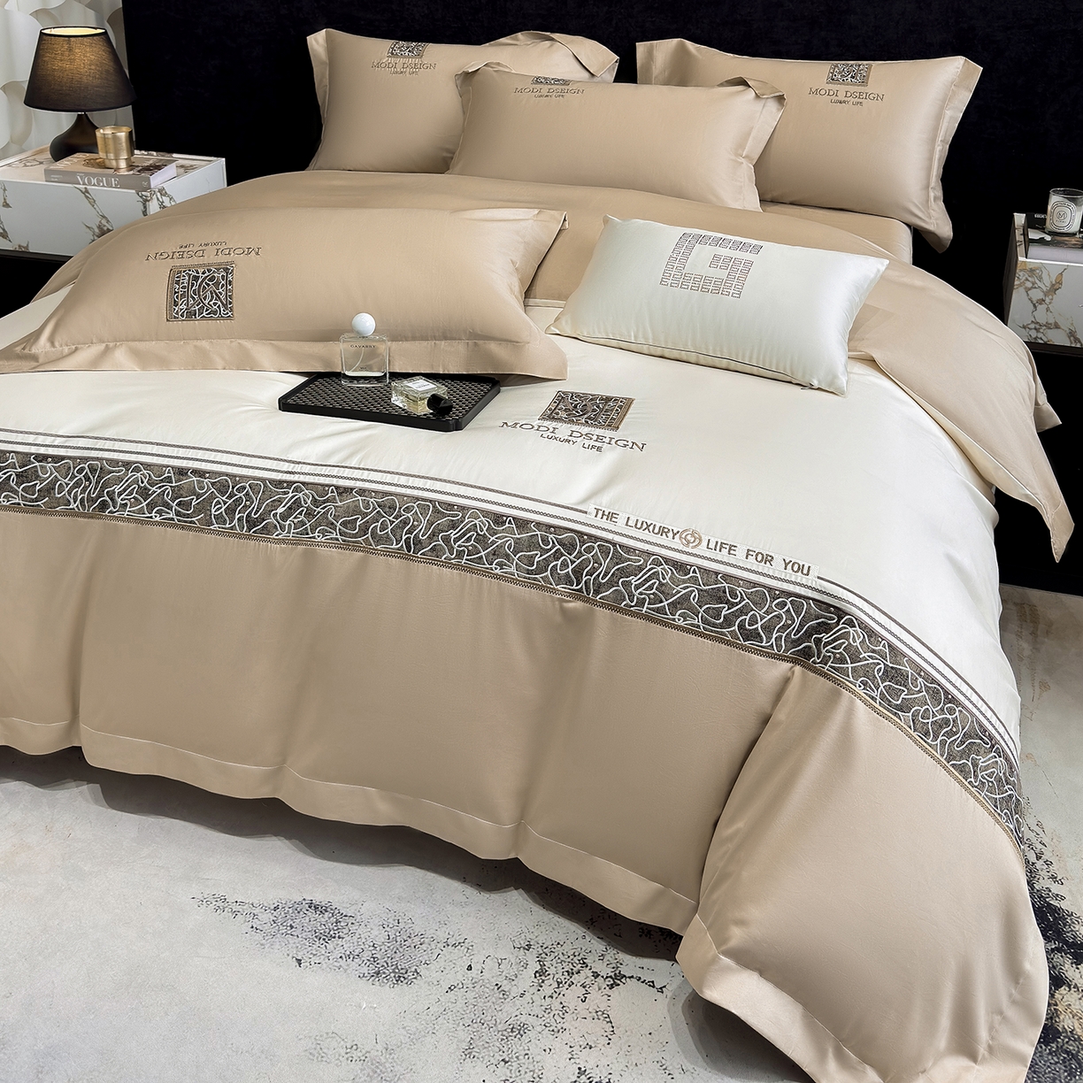 91家纺网 家纺一手货源 找家纺 （总）优眠坊 2026春夏新款高档礼盒装5050S贡缎长绒棉刺绣四件套100%纯棉全棉轻奢床品-星空