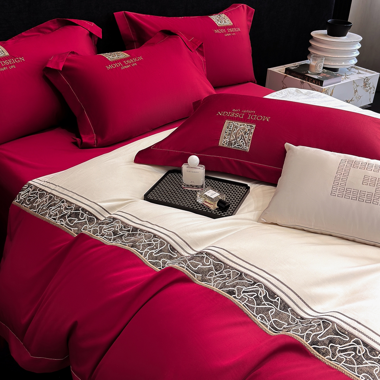 91家纺网 家纺一手货源 找家纺 （总）优眠坊 2026春夏新款高档礼盒装5050S贡缎长绒棉刺绣四件套100%纯棉全棉轻奢床品-星空