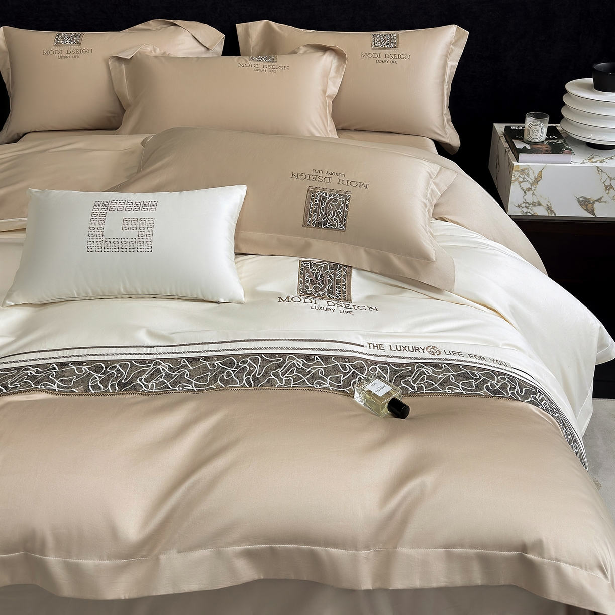 91家纺网 家纺一手货源 找家纺 优眠坊 2026春夏新款高档礼盒装5050S贡缎长绒棉刺绣四件套100%纯棉全棉轻奢床品-星空 星空-咖