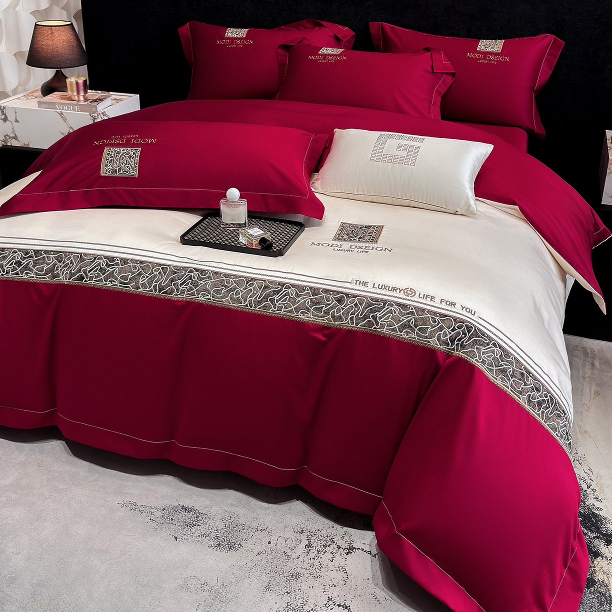 优眠坊 2026春夏新款高档礼盒装5050S贡缎长绒棉刺绣四件套100%纯棉全棉轻奢床品-星空 星空-红