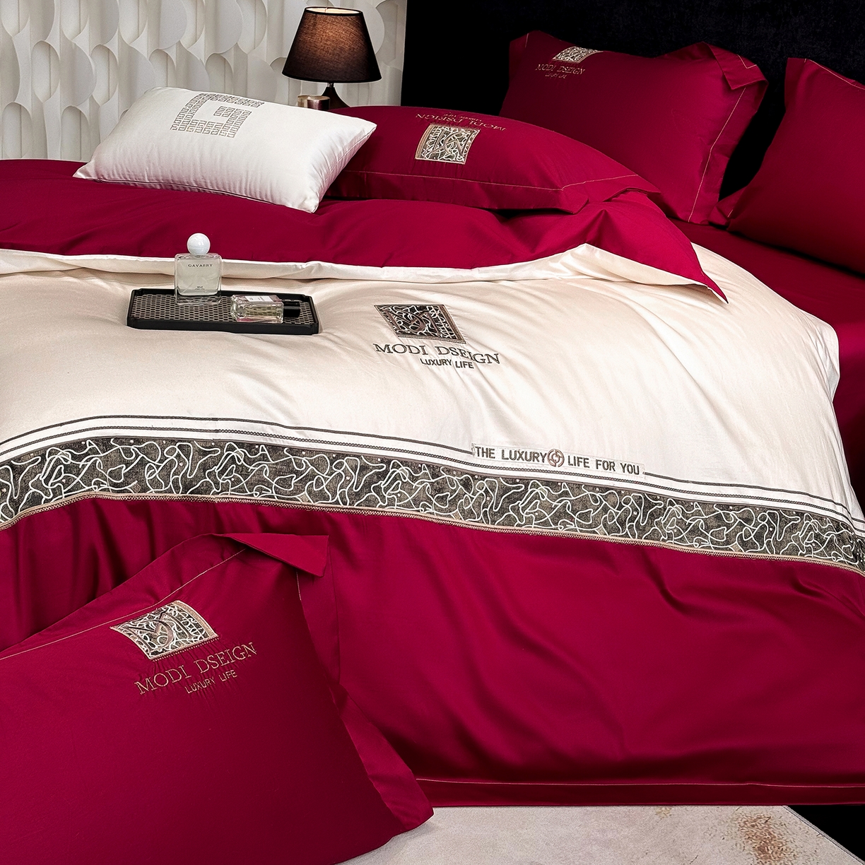 91家纺网 家纺一手货源 找家纺 优眠坊 2026春夏新款高档礼盒装5050S贡缎长绒棉刺绣四件套100%纯棉全棉轻奢床品-星空 星空-红