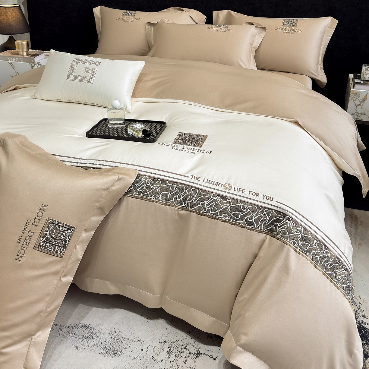 91家纺网 家纺一手货源 找家纺 优眠坊 2026春夏新款高档礼盒装5050S贡缎长绒棉刺绣四件套100%纯棉全棉轻奢床品-星空 星空-咖