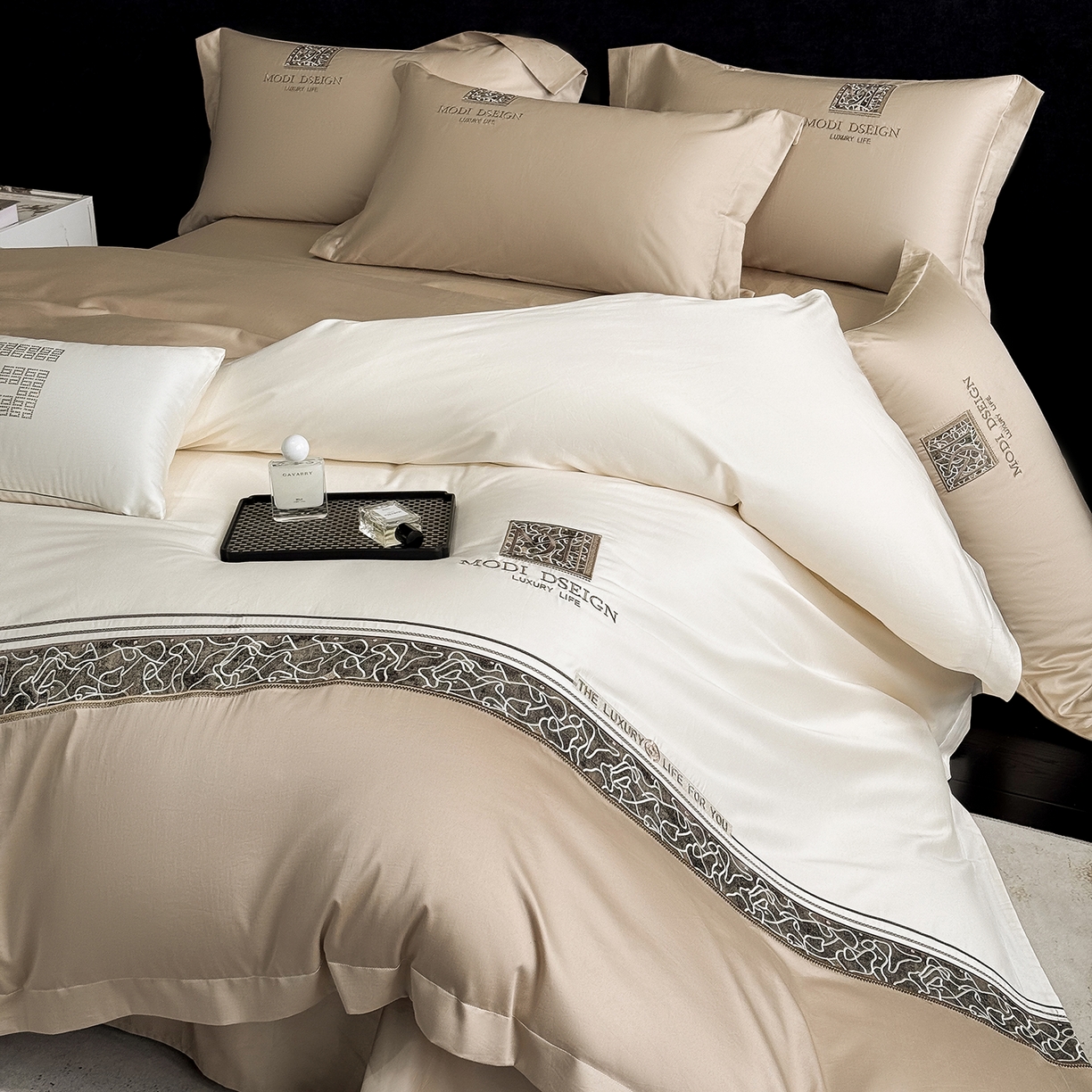 91家纺网 家纺一手货源 找家纺 优眠坊 2026春夏新款高档礼盒装5050S贡缎长绒棉刺绣四件套100%纯棉全棉轻奢床品-星空 星空-咖