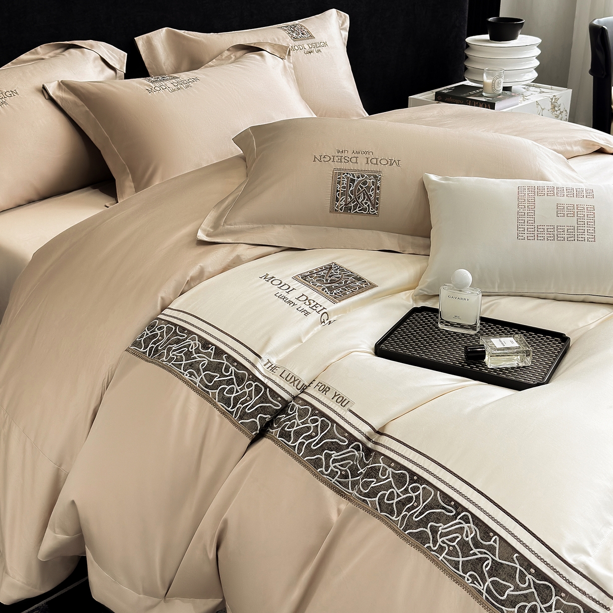 91家纺网 家纺一手货源 找家纺 优眠坊 2026春夏新款高档礼盒装5050S贡缎长绒棉刺绣四件套100%纯棉全棉轻奢床品-星空 星空-咖