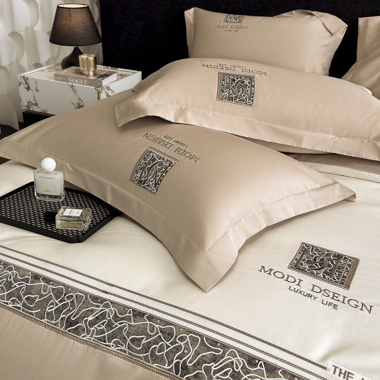 91家纺网 家纺一手货源 找家纺 优眠坊 2026春夏新款高档礼盒装5050S贡缎长绒棉刺绣四件套100%纯棉全棉轻奢床品-星空 星空-咖