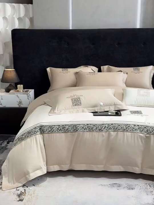 91家纺网 家纺一手货源 找家纺 优眠坊 2026春夏新款高档礼盒装5050S贡缎长绒棉刺绣四件套100%纯棉全棉轻奢床品-星空 星空-咖