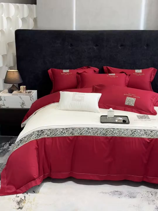 91家纺网 家纺一手货源 找家纺 优眠坊 2026春夏新款高档礼盒装5050S贡缎长绒棉刺绣四件套100%纯棉全棉轻奢床品-星空 星空-红