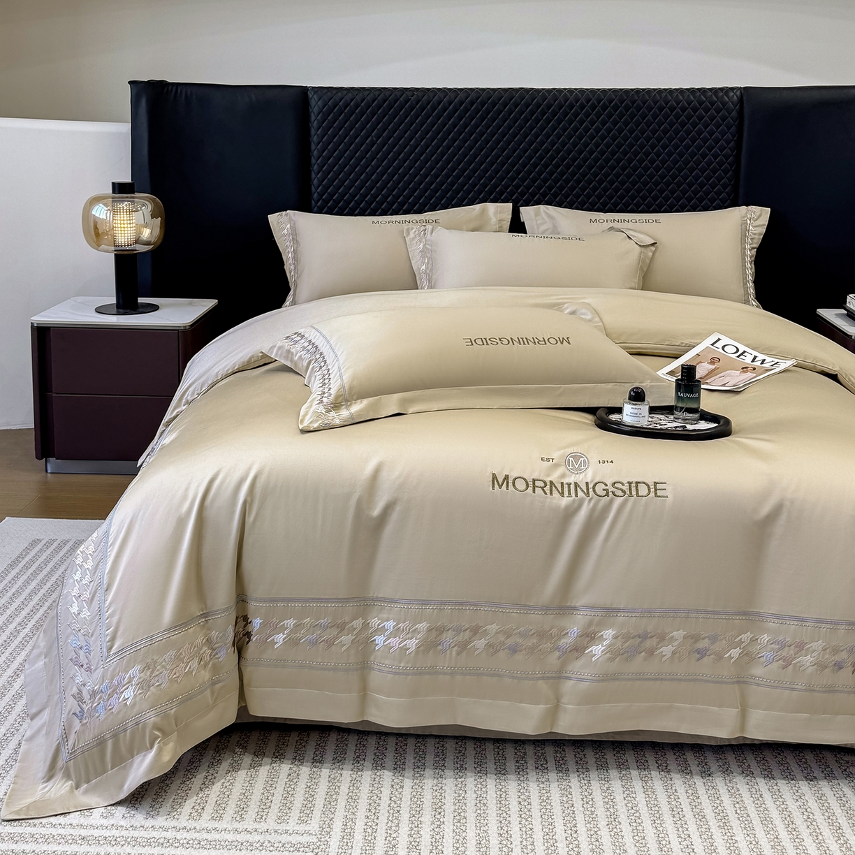 91家纺网 家纺一手货源 找家纺 优眠坊 2026春夏新款高档礼盒装5050S贡缎长绒棉刺绣四件套100%纯棉全棉轻奢床品-千鸟格 千鸟格-咖