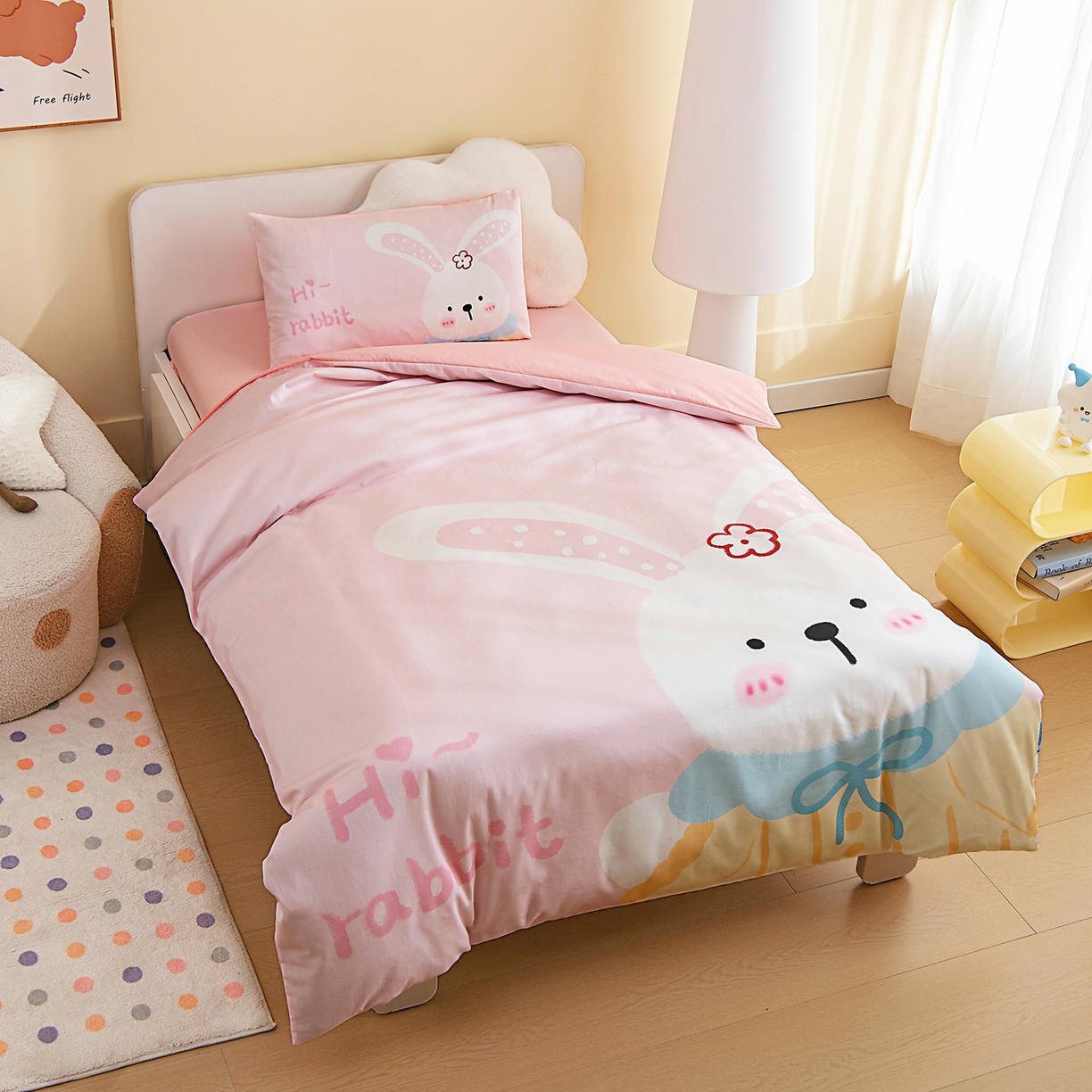 91家纺网 家纺一手货源 找家纺 御棉坊 2026新款A类40S全棉数码印花-萌萌季系列幼儿园儿童套件 萌萌小花兔