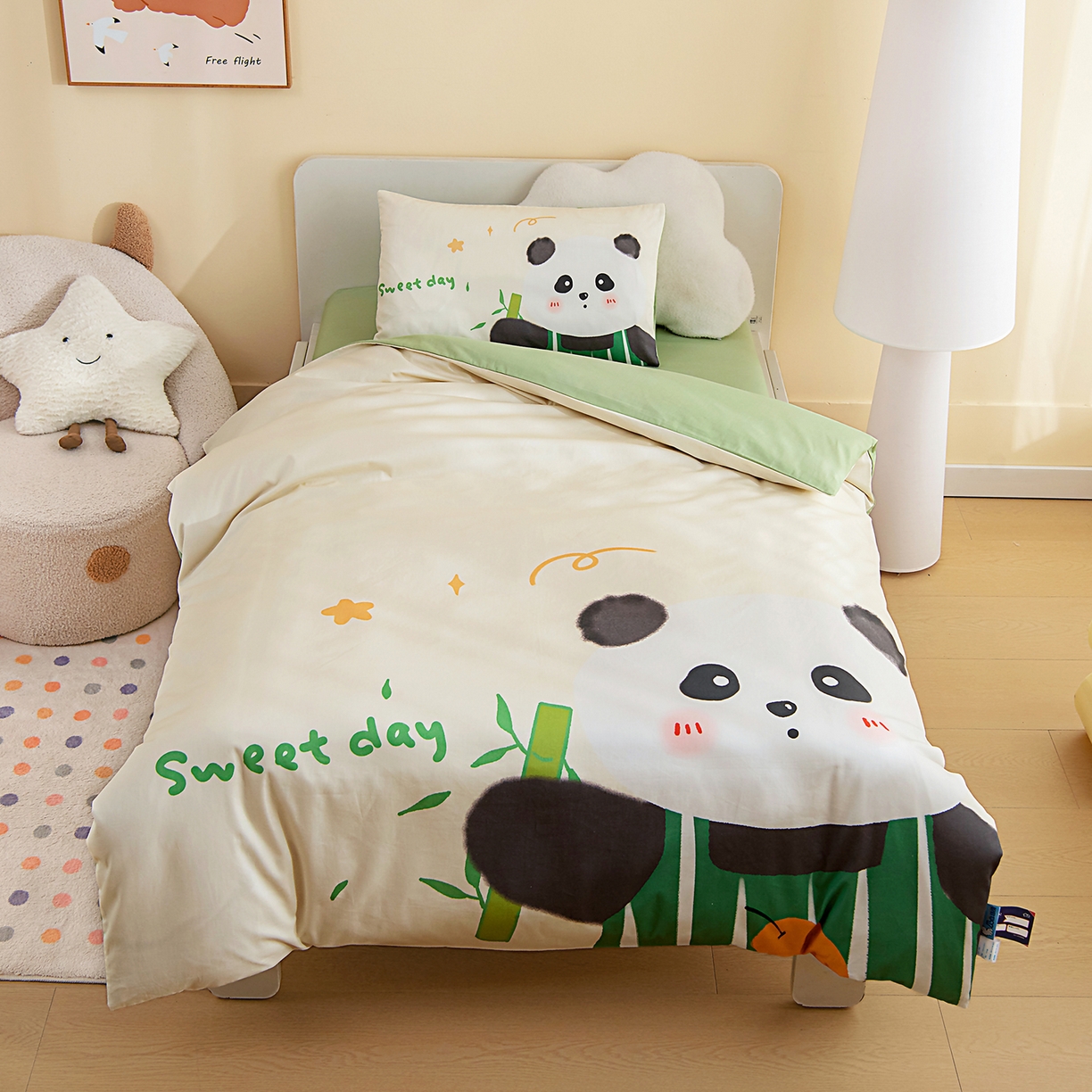 91家纺网 家纺一手货源 找家纺 御棉坊 2026新款A类40S全棉数码印花-萌萌季系列幼儿园儿童套件 萌萌熊猫