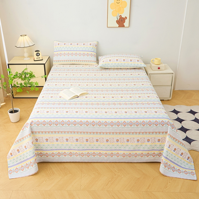 91家纺网 家纺一手货源 找家纺 首爱家纺 2026新款工艺款原棉印花老粗布床单系列条纹小熊