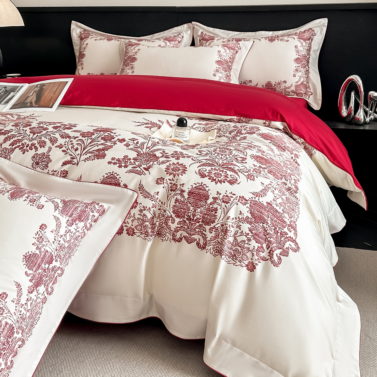 置顶家纺 2026新款十里蔷薇-亲肤数码印花麻绳边系列 十里蔷薇-大红