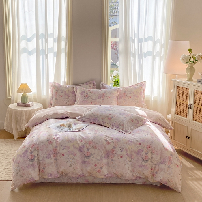 91家纺网 家纺一手货源 找家纺 凌鼎 2026新款全棉数码印花四件套花雾漫纱