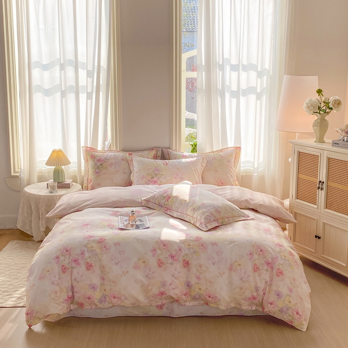 91家纺网 家纺一手货源 找家纺 凌鼎 2026新款全棉数码印花四件套花开倾城粉