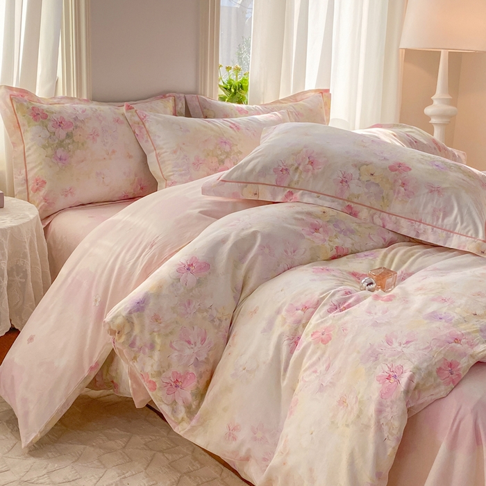 91家纺网 家纺一手货源 找家纺 凌鼎 2026新款全棉数码印花四件套花开倾城粉