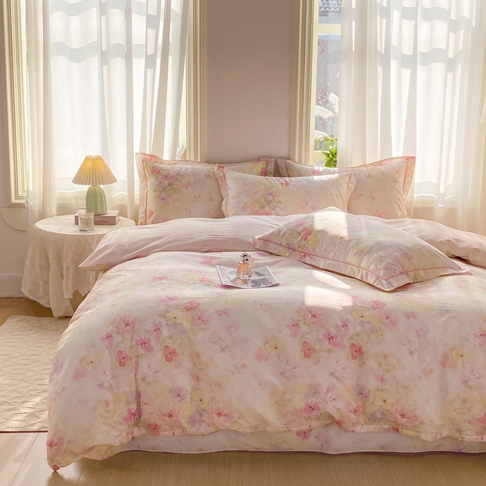 91家纺网 家纺一手货源 找家纺 凌鼎 2026新款全棉数码印花四件套花开倾城粉