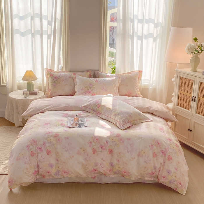 91家纺网 家纺一手货源 找家纺 凌鼎 2026新款全棉数码印花四件套花开倾城粉