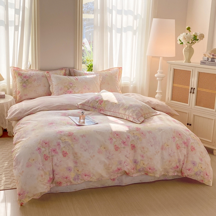 91家纺网 家纺一手货源 找家纺 凌鼎 2026新款全棉数码印花四件套花开倾城粉