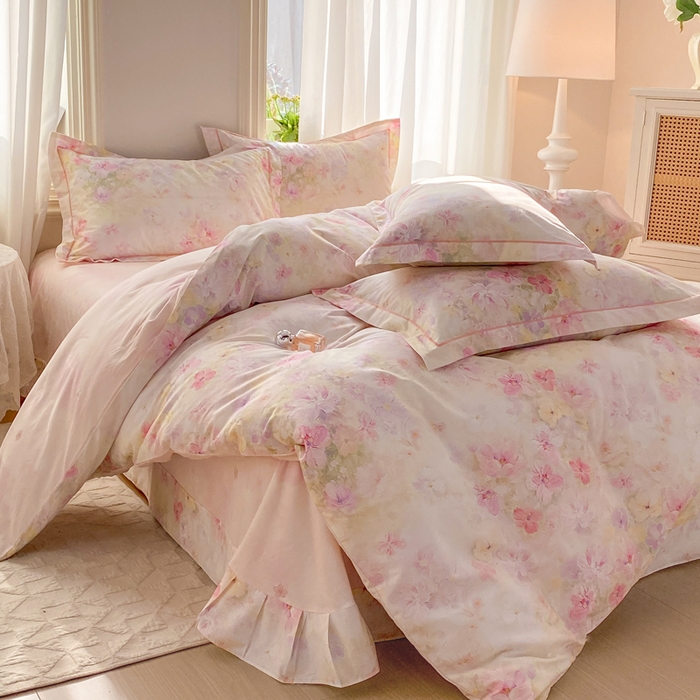 91家纺网 家纺一手货源 找家纺 凌鼎 2026新款全棉数码印花四件套花开倾城粉