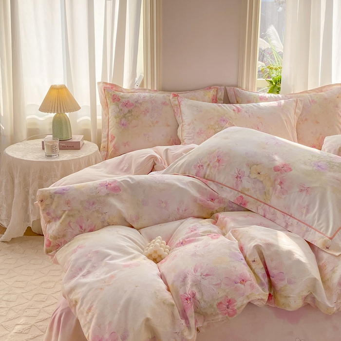 91家纺网 家纺一手货源 找家纺 凌鼎 2026新款全棉数码印花四件套花开倾城粉