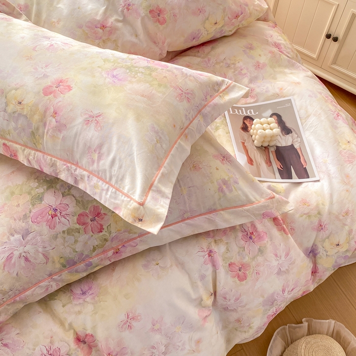 91家纺网 家纺一手货源 找家纺 凌鼎 2026新款全棉数码印花四件套花开倾城粉