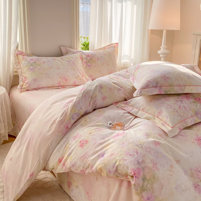 91家纺网 家纺一手货源 找家纺 凌鼎 2026新款全棉数码印花四件套花开倾城粉