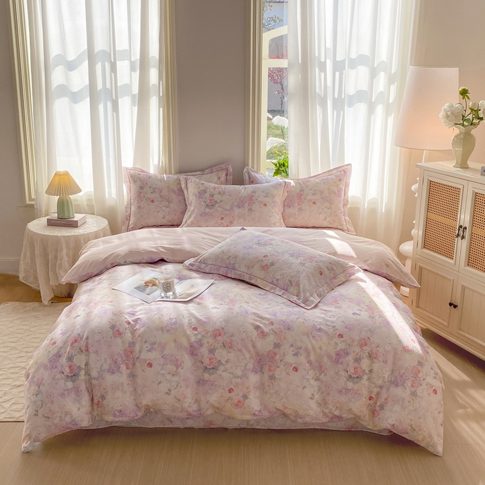 91家纺网 家纺一手货源 找家纺 凌鼎 2026新款全棉数码印花四件套花雾漫纱