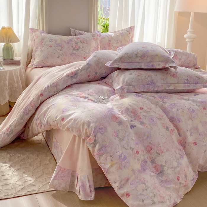 91家纺网 家纺一手货源 找家纺 凌鼎 2026新款全棉数码印花四件套花雾漫纱