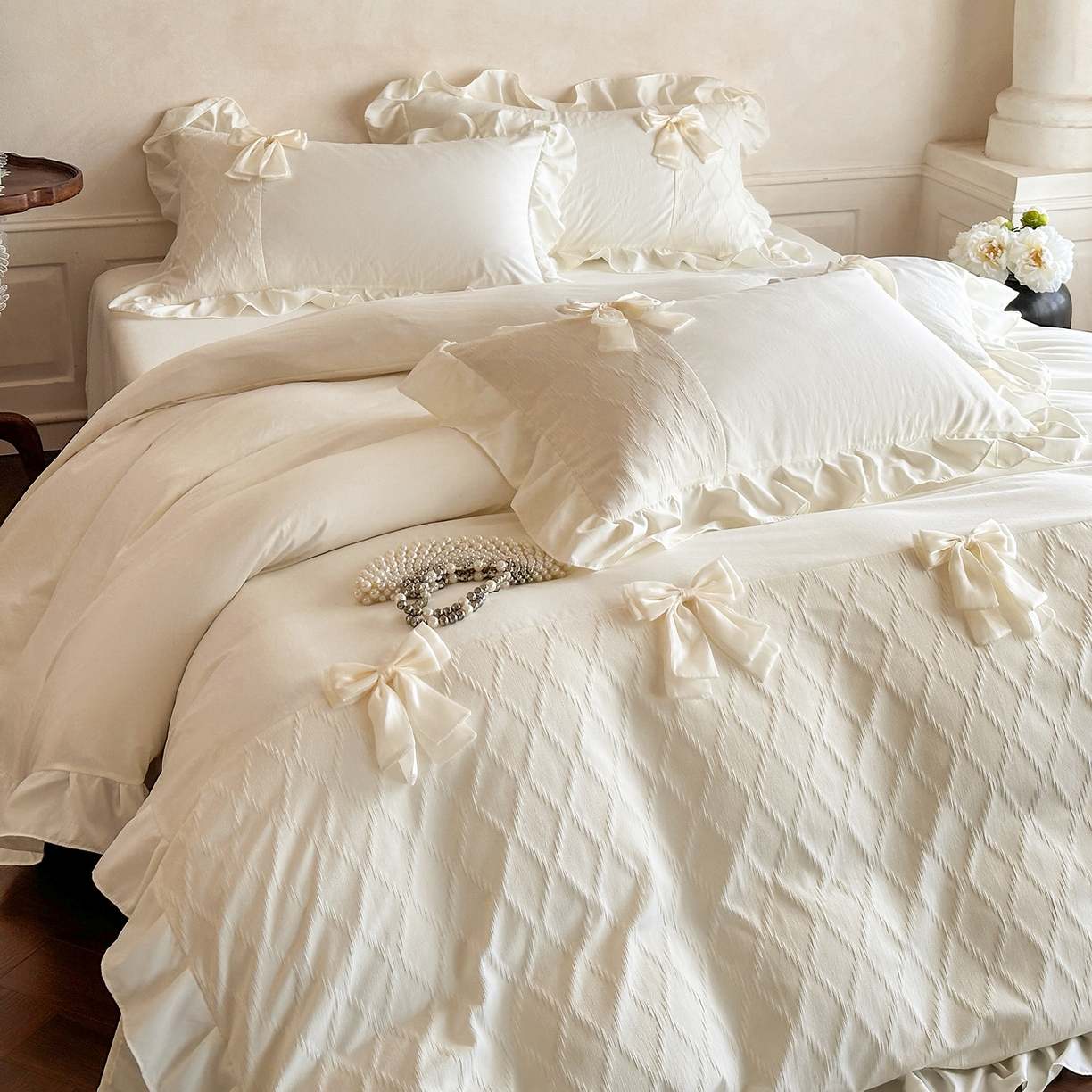 91家纺网 家纺一手货源 找家纺 （总）你好美丽 2026春夏新款水洗棉拼接泡泡纱蝴蝶结花边工艺款四件套 -梦露