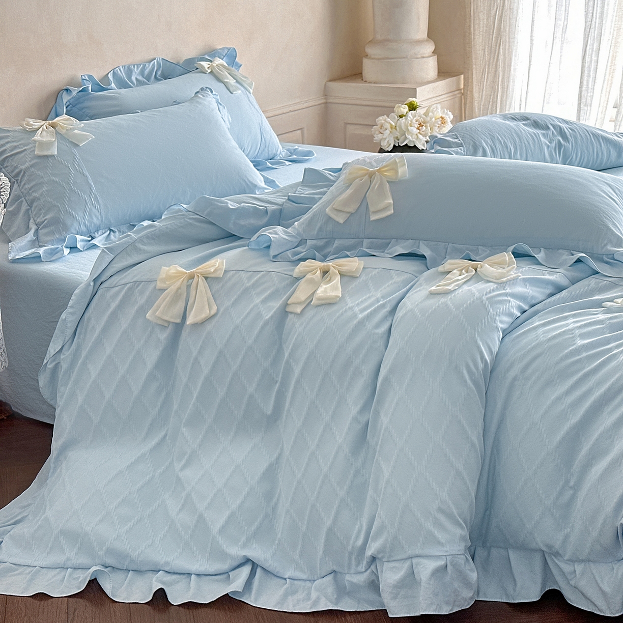 91家纺网 家纺一手货源 找家纺 你好美丽 2026春夏新款水洗棉拼接泡泡纱蝴蝶结花边工艺款四件套 -梦露 梦露兰