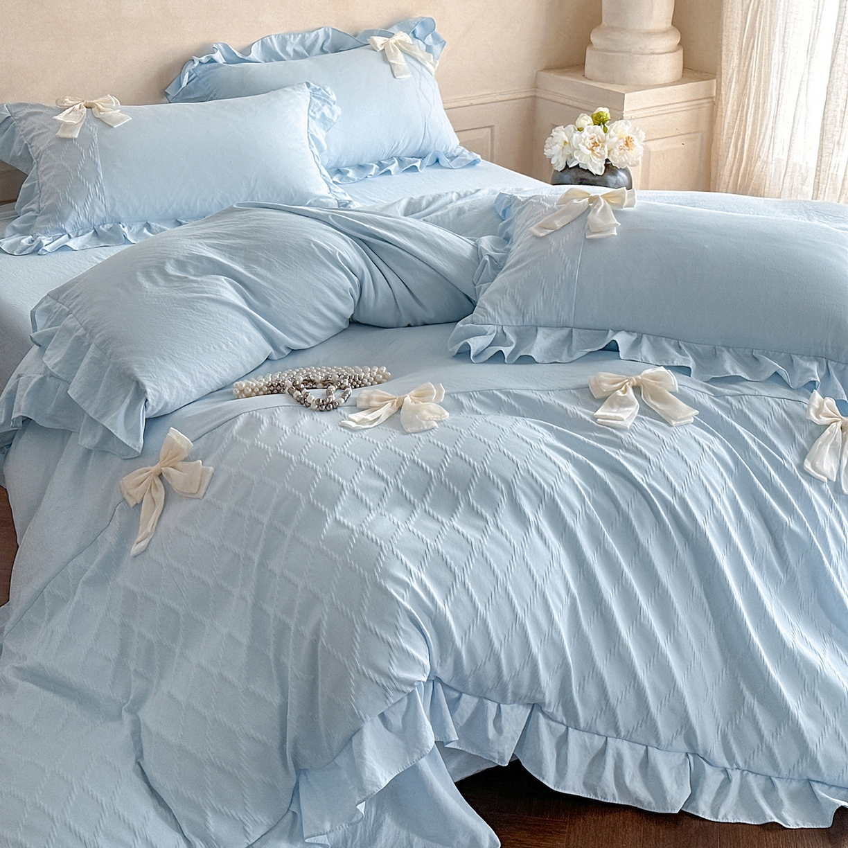 你好美丽 2026春夏新款水洗棉拼接泡泡纱蝴蝶结花边工艺款四件套 -梦露 梦露兰