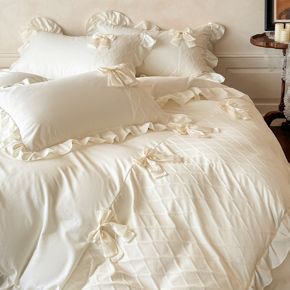 91家纺网 家纺一手货源 找家纺 你好美丽 2026春夏新款水洗棉拼接泡泡纱蝴蝶结花边工艺款四件套 -梦露 梦露白