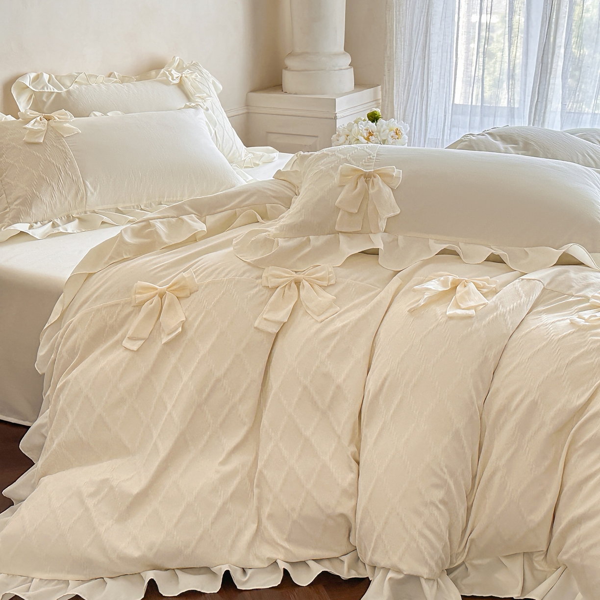 91家纺网 家纺一手货源 找家纺 你好美丽 2026春夏新款水洗棉拼接泡泡纱蝴蝶结花边工艺款四件套 -梦露 梦露白