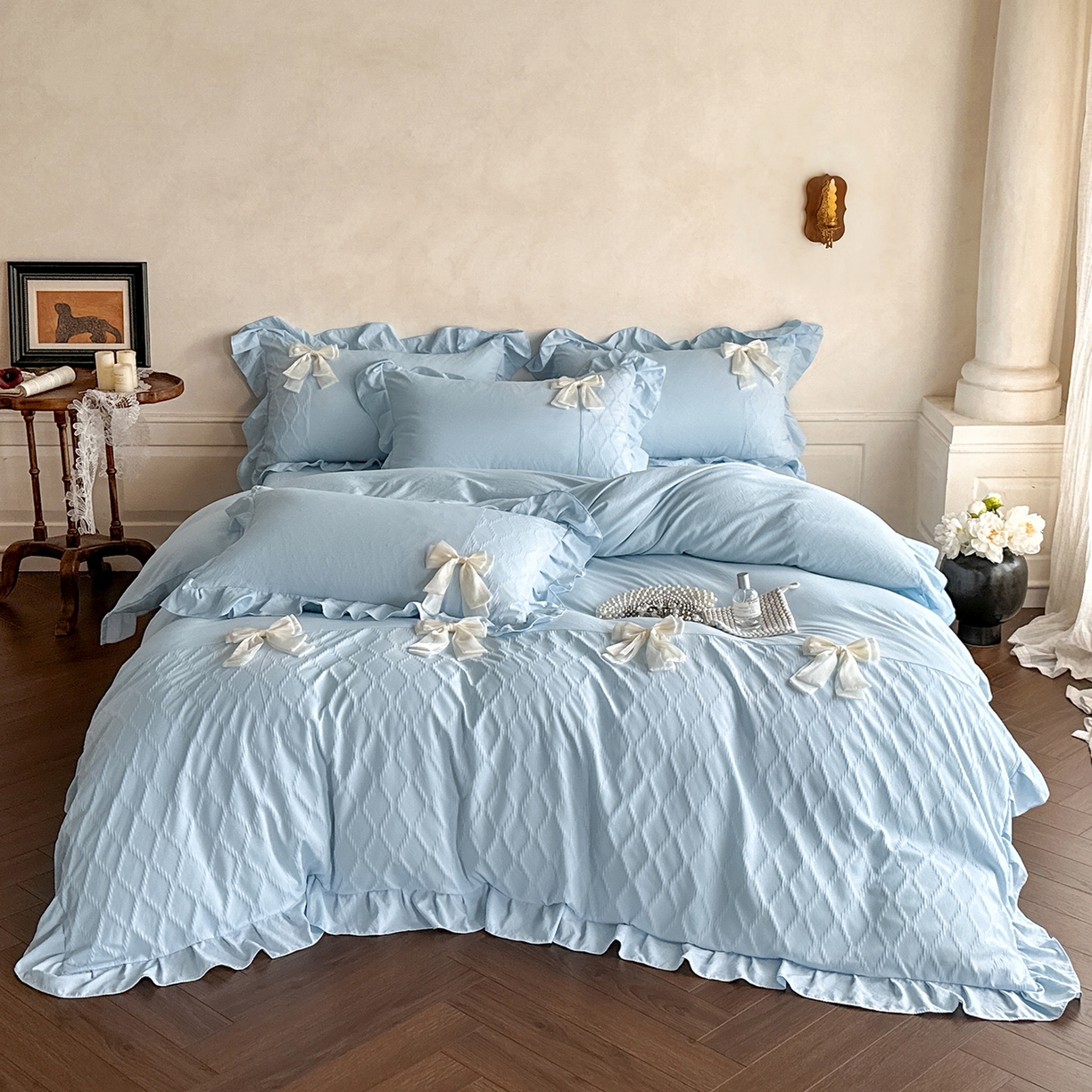 91家纺网 家纺一手货源 找家纺 你好美丽 2026春夏新款水洗棉拼接泡泡纱蝴蝶结花边工艺款四件套 -梦露 梦露兰