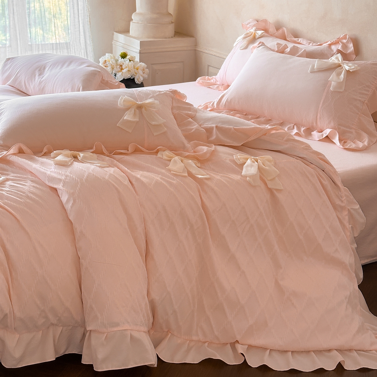 91家纺网 家纺一手货源 找家纺 你好美丽 2026春夏新款水洗棉拼接泡泡纱蝴蝶结花边工艺款四件套 -梦露 梦露玉