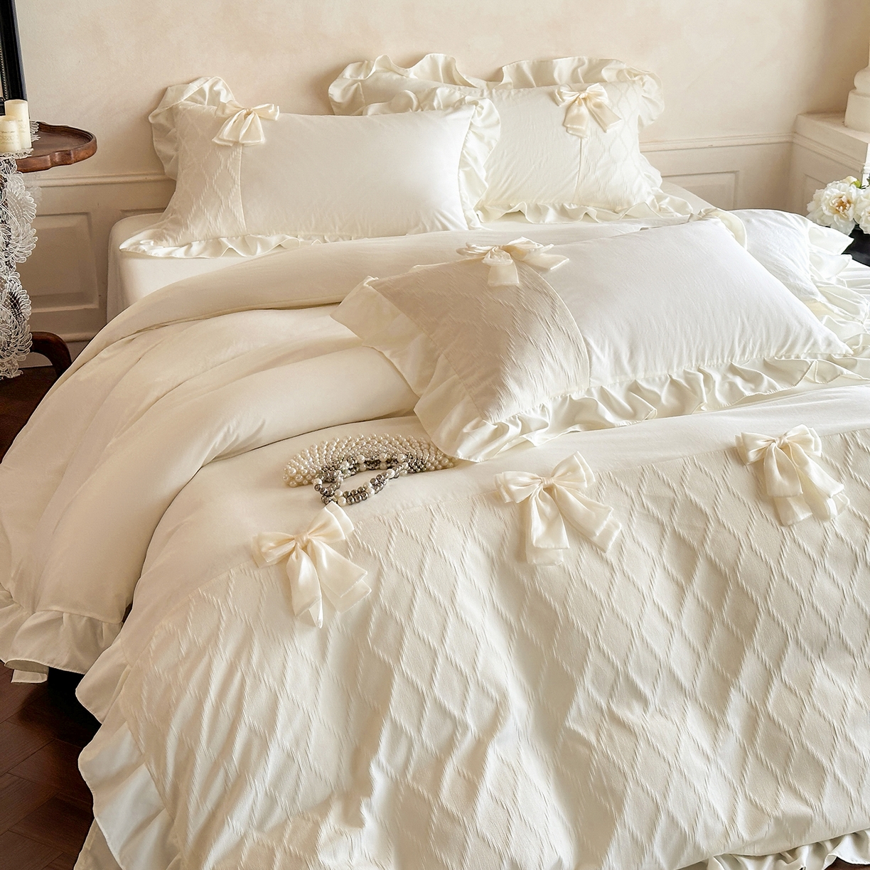 91家纺网 家纺一手货源 找家纺 你好美丽 2026春夏新款水洗棉拼接泡泡纱蝴蝶结花边工艺款四件套 -梦露 梦露白