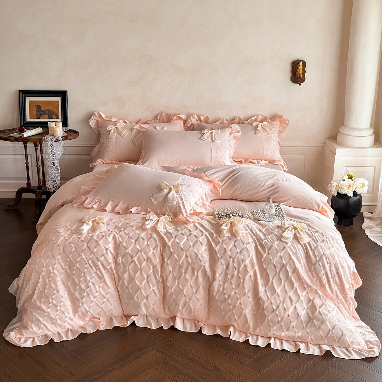 91家纺网 家纺一手货源 找家纺 你好美丽 2026春夏新款水洗棉拼接泡泡纱蝴蝶结花边工艺款四件套 -梦露 梦露玉