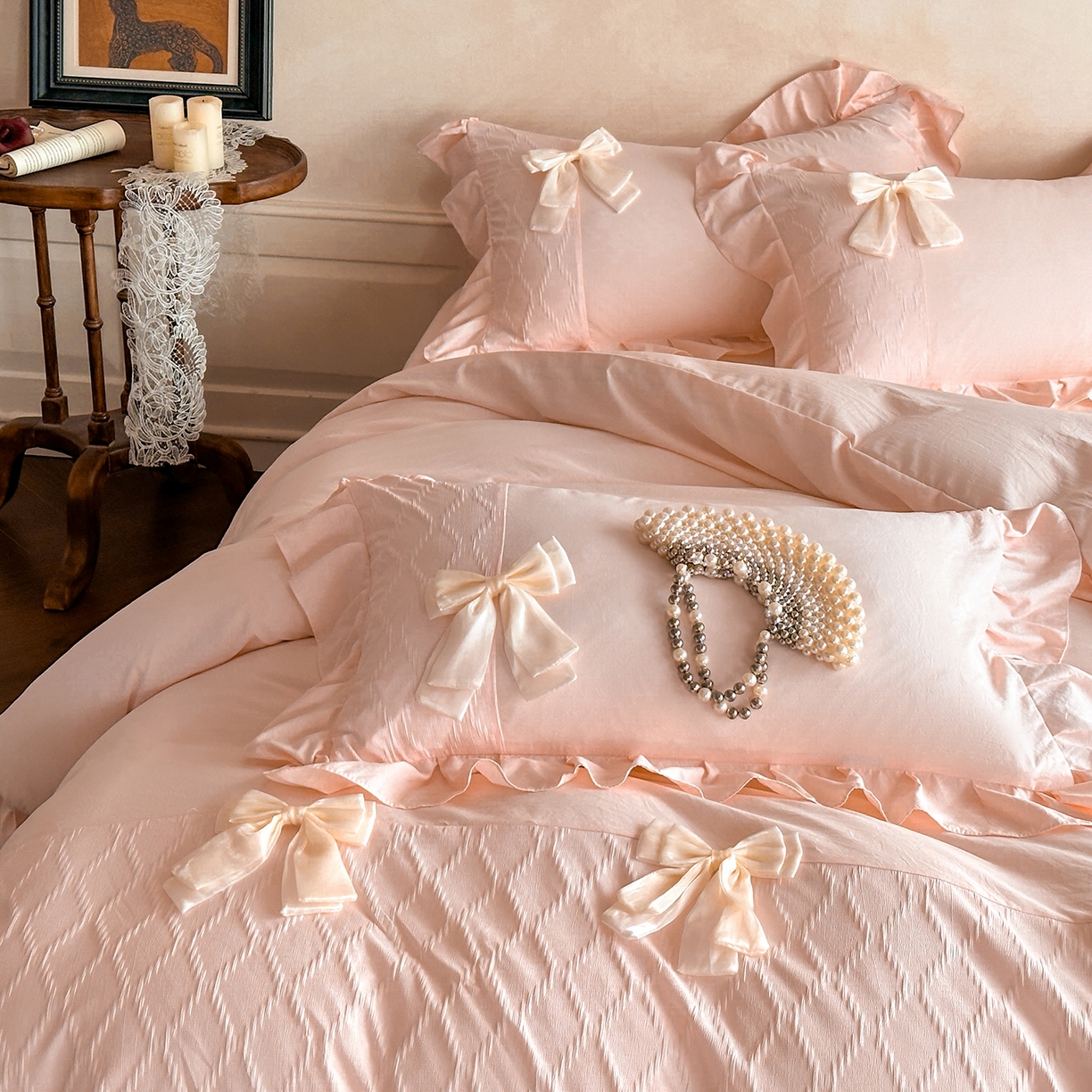 91家纺网 家纺一手货源 找家纺 你好美丽 2026春夏新款水洗棉拼接泡泡纱蝴蝶结花边工艺款四件套 -梦露 梦露玉