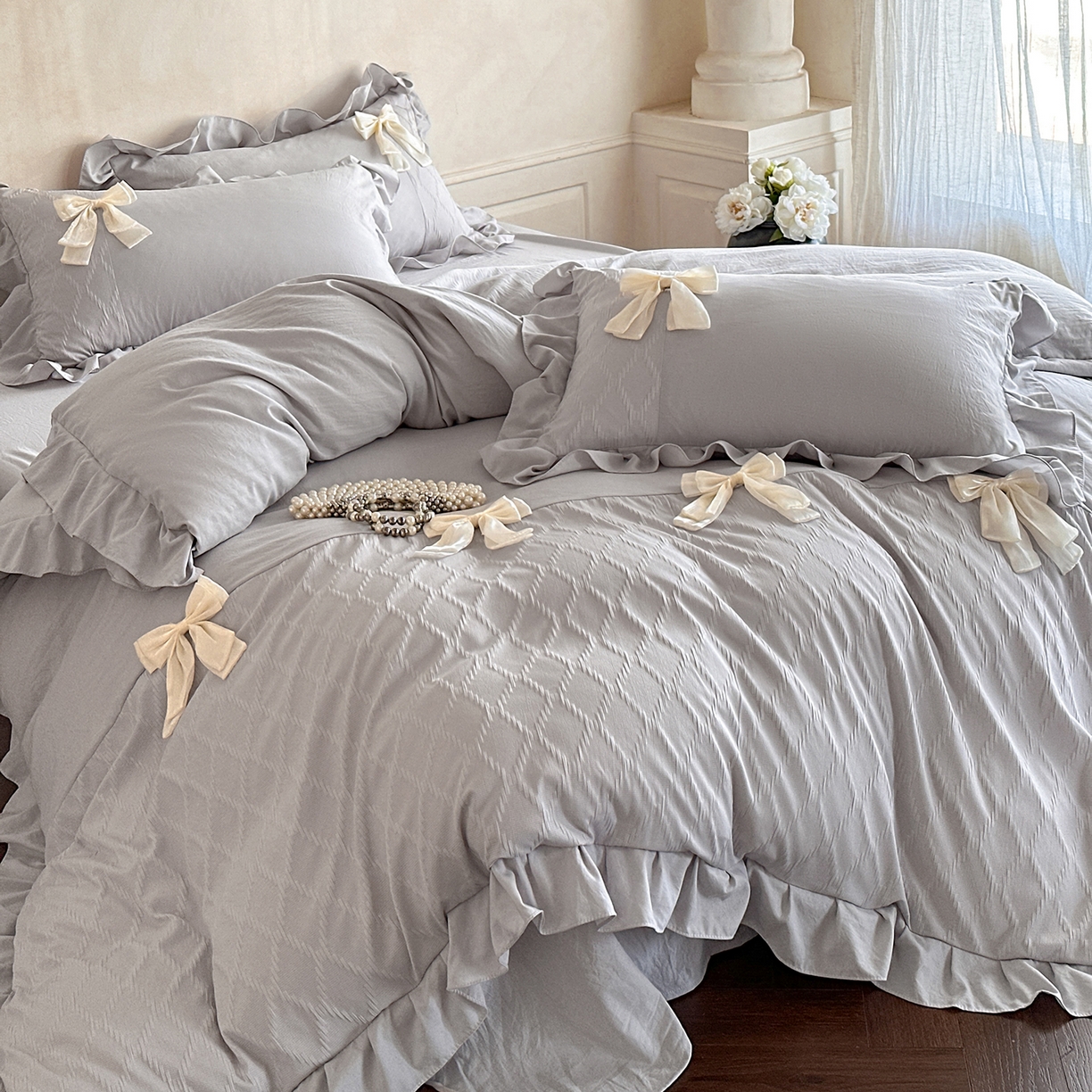 你好美丽 2026春夏新款水洗棉拼接泡泡纱蝴蝶结花边工艺款四件套 -梦露 梦露灰