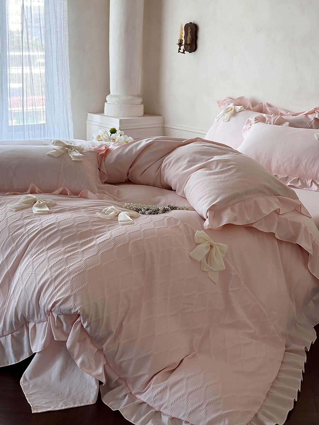 91家纺网 家纺一手货源 找家纺 你好美丽 2026春夏新款水洗棉拼接泡泡纱蝴蝶结花边工艺款四件套 -梦露 梦露玉