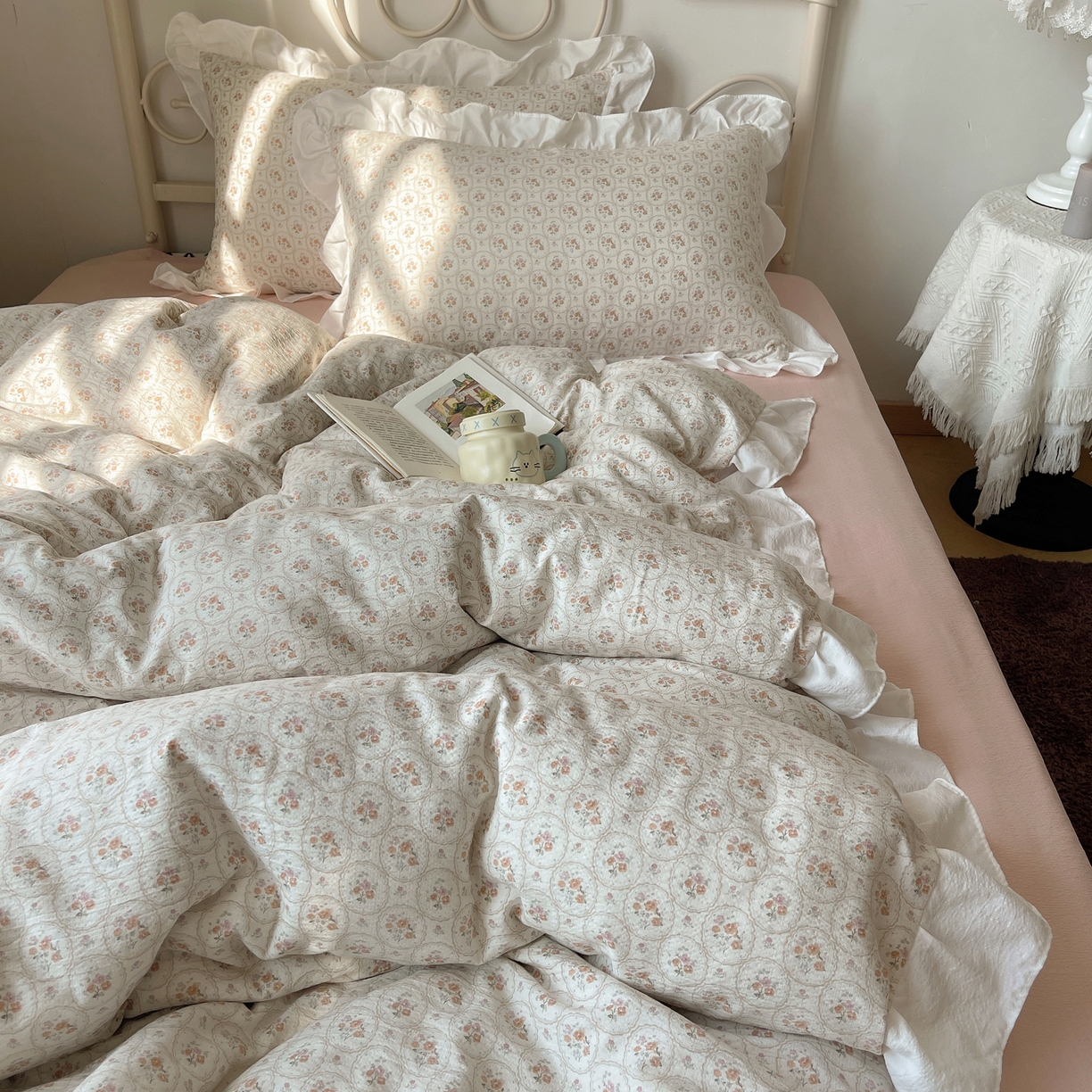 91家纺网 家纺一手货源 找家纺 美乐迪家纺 2026新款云感双层纱花边四件套 韩系小花