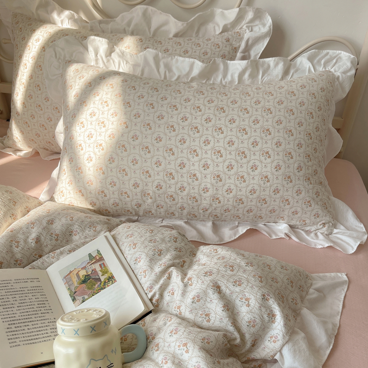 91家纺网 家纺一手货源 找家纺 美乐迪家纺 2026新款云感双层纱花边四件套 韩系小花