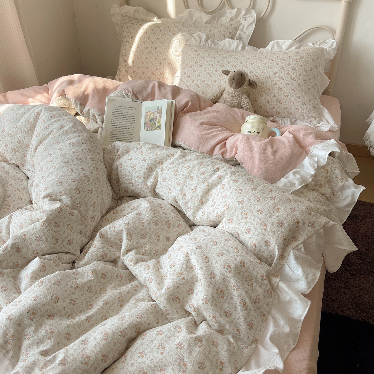 91家纺网 家纺一手货源 找家纺 美乐迪家纺 2026新款云感双层纱花边四件套 韩系小花