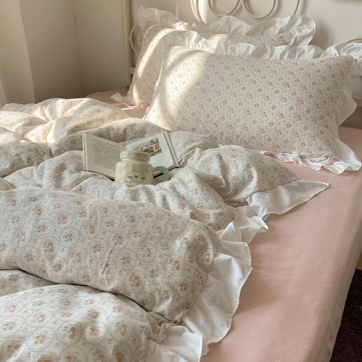 91家纺网 家纺一手货源 找家纺 美乐迪家纺 2026新款云感双层纱花边四件套 韩系小花