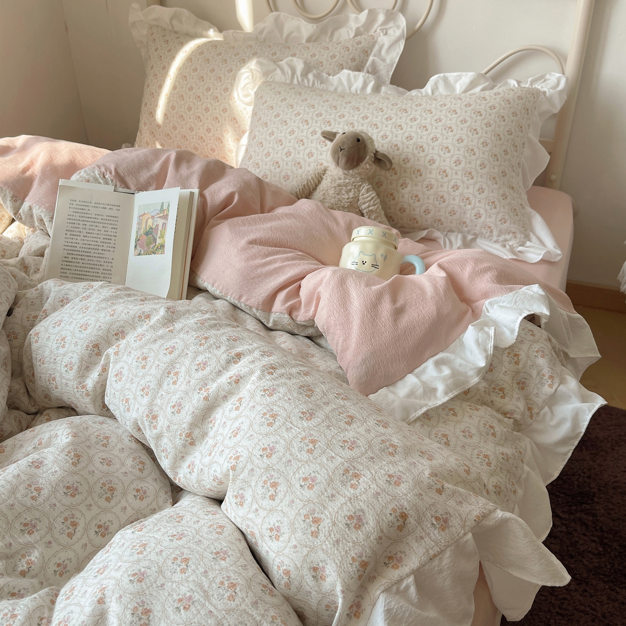 91家纺网 家纺一手货源 找家纺 美乐迪家纺 2026新款云感双层纱花边四件套 韩系小花