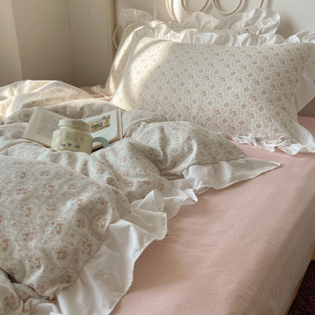 91家纺网 家纺一手货源 找家纺 美乐迪家纺 2026新款云感双层纱花边四件套 韩系小花