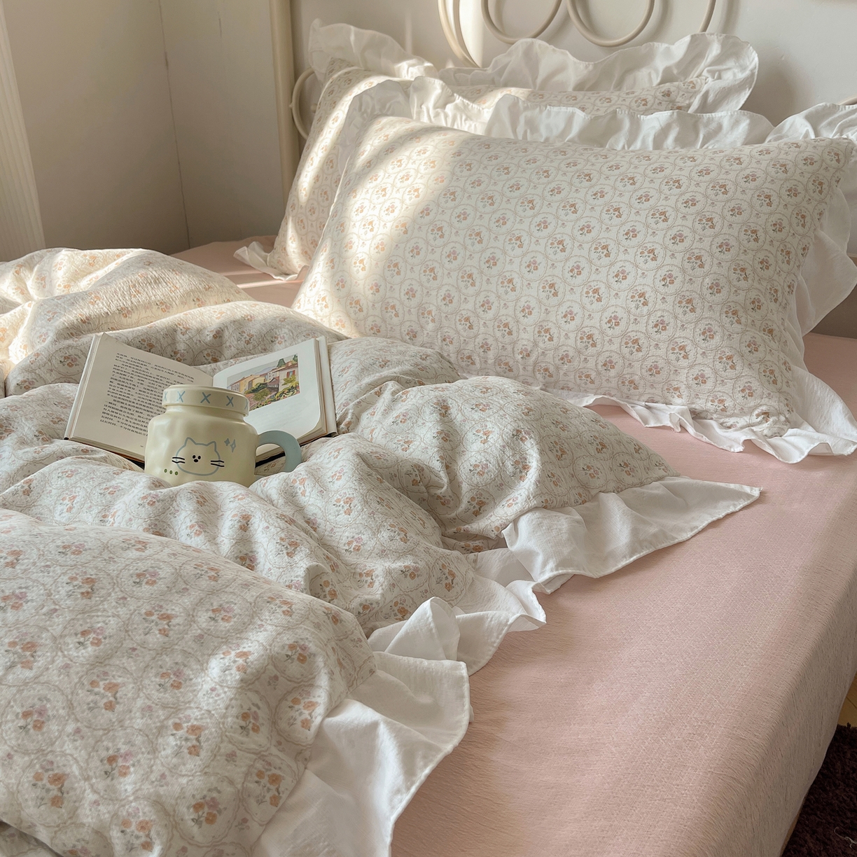 91家纺网 家纺一手货源 找家纺 美乐迪家纺 2026新款云感双层纱花边四件套 韩系小花