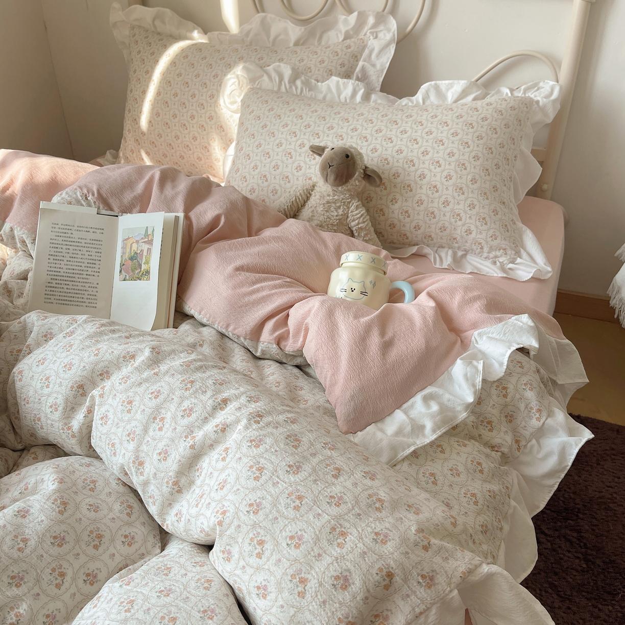 91家纺网 家纺一手货源 找家纺 美乐迪家纺 2026新款云感双层纱花边四件套 韩系小花