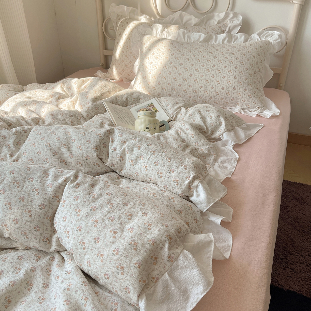 91家纺网 家纺一手货源 找家纺 美乐迪家纺 2026新款云感双层纱花边四件套 韩系小花