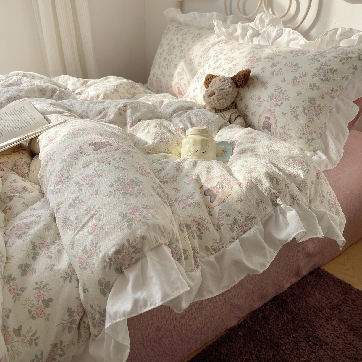 美乐迪家纺 2026新款云感双层纱花边四件套 花园小熊